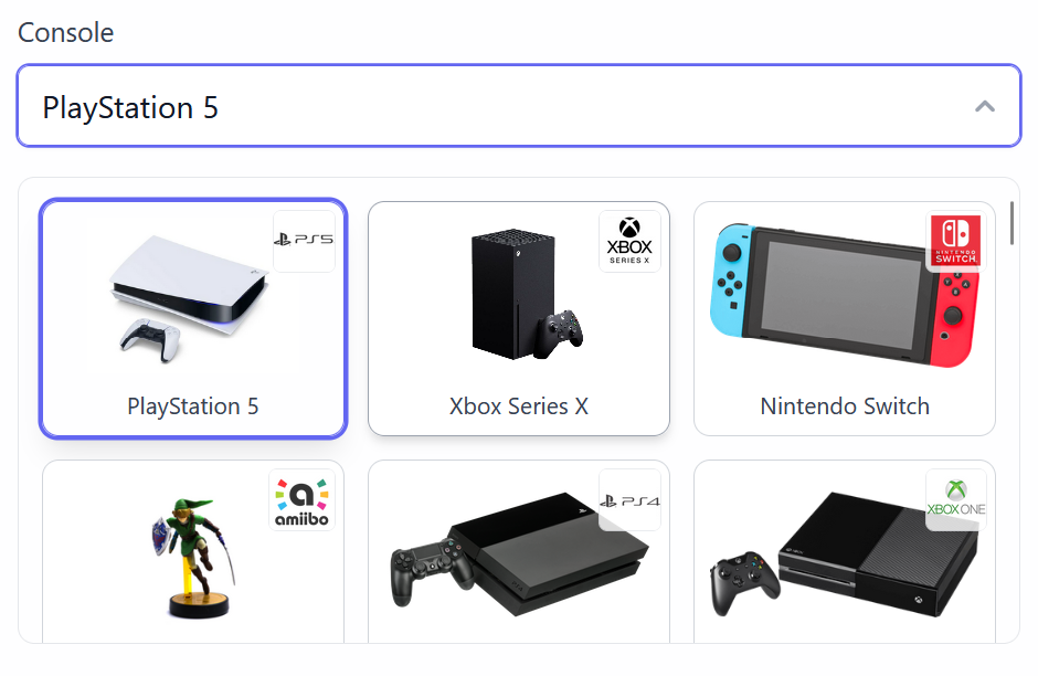 1) Sélectionnez la console de votre jeu vidéo dans la liste déroulante.