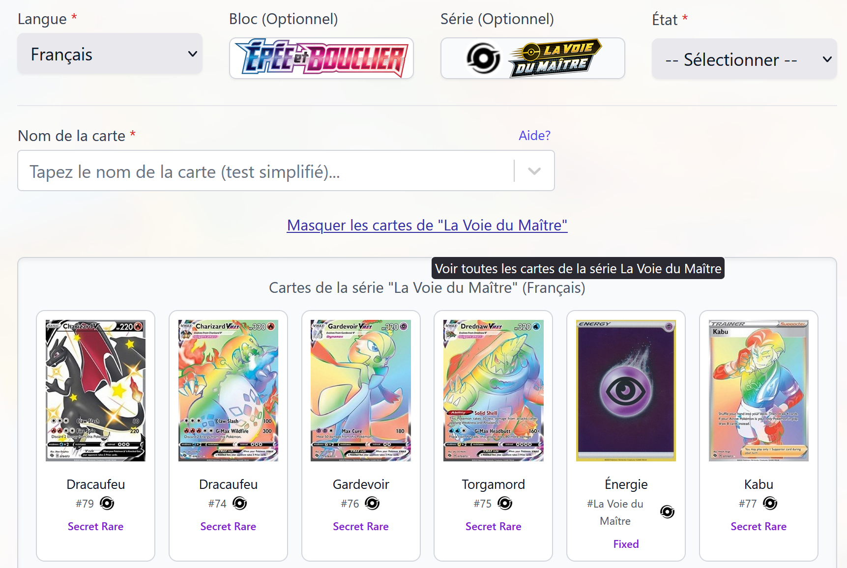 5. Vous pouvez également voir toutes les cartes d'une série en cliquant sur le lien 'Voir les cartes...'