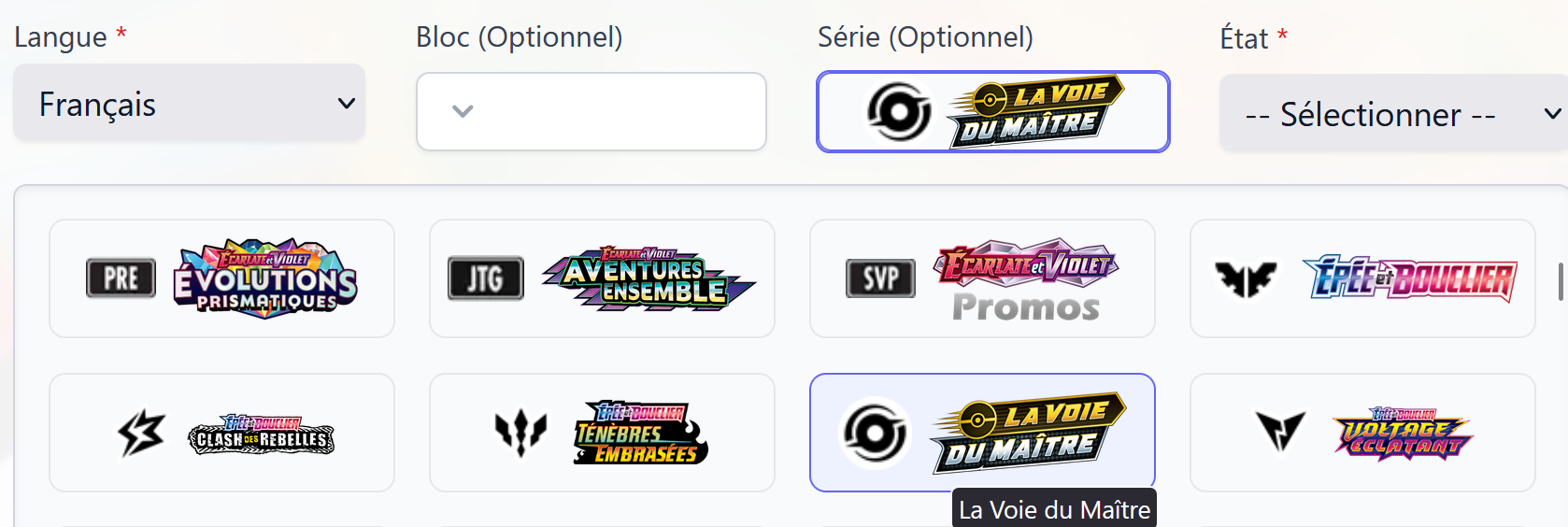 3. Sélectionnez la série correspondant au symbole de votre carte